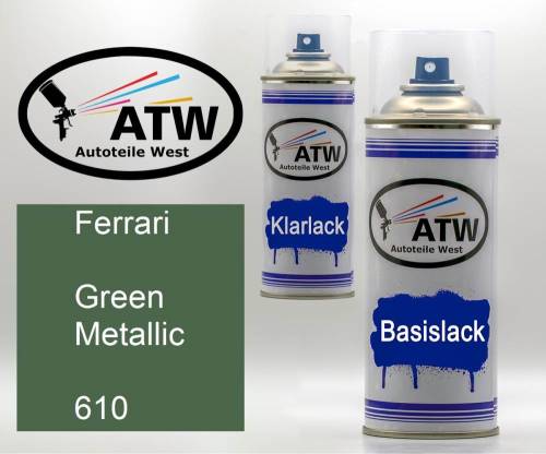 Ferrari, Green Metallic, 610: 400ml Sprühdose + 400ml Klarlack - Set, von ATW Autoteile West.